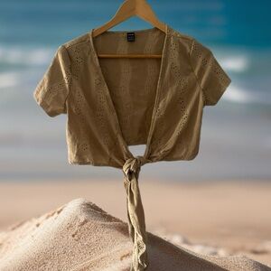 SHEIN Tan Eyelet Tie-Front Top